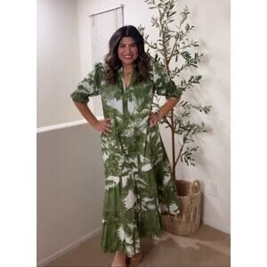 Aish Dress Riz Tropical Olive Maxi Dress V-neck Hawaii Resort Medium New E21